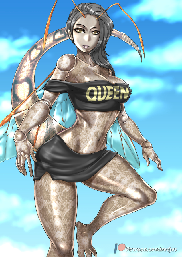 antennae_(anatomy) bikini black_hair bottomwear breasts brown_eyes claws cleavage clothed clothing female hair lipstick long_hair long_tail looking_at_viewer makeup midriff miniskirt skimpy skirt solo sting swimwear tail two-piece_swimsuit wings redjet00 scaley-randy arthropod humanoid insect