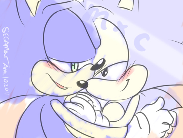 anthro black_eyes blue_body blue_fur blush duo fur green_eyes hug male male/male selfcest square_crossover segamew classic_sonic_(universe) sega sonic_the_hedgehog_(series) classic_sonic sonic_the_hedgehog eulipotyphlan hedgehog mammal 2011 dated signature