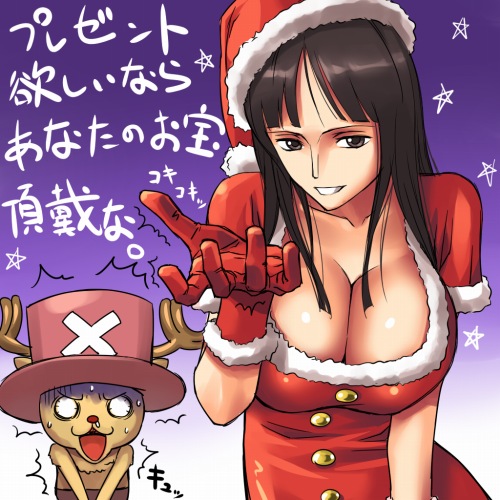 age_difference anthro big_breasts breasts cleavage clothed clothing duo female hat headgear headwear holidays horn huge_breasts human_focus human_on_anthro implied_erection interspecies male male/female not_furry_focus older_female shocked smile suggestive text younger_male mosha christmas one_piece nico_robin tony_tony_chopper deer human mammal new_world_deer reindeer 1:1 2012 japanese_text low_res translated