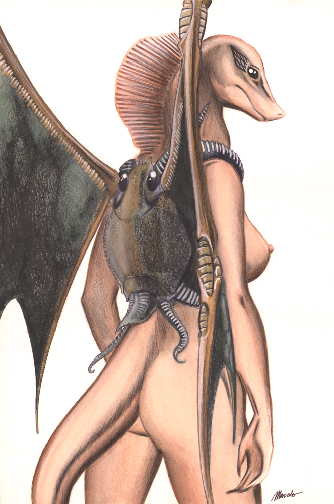 big_breasts biped black_sclera breasts butt facial_markings female frill_(anatomy) head_markings humanoid_hands markings membrane_(anatomy) membranous_frill membranous_wings nipples non-mammal_breasts nude rear_view simple_background snout solo tentacles wings captainninja scalie 2012 portrait signature three-quarter_portrait