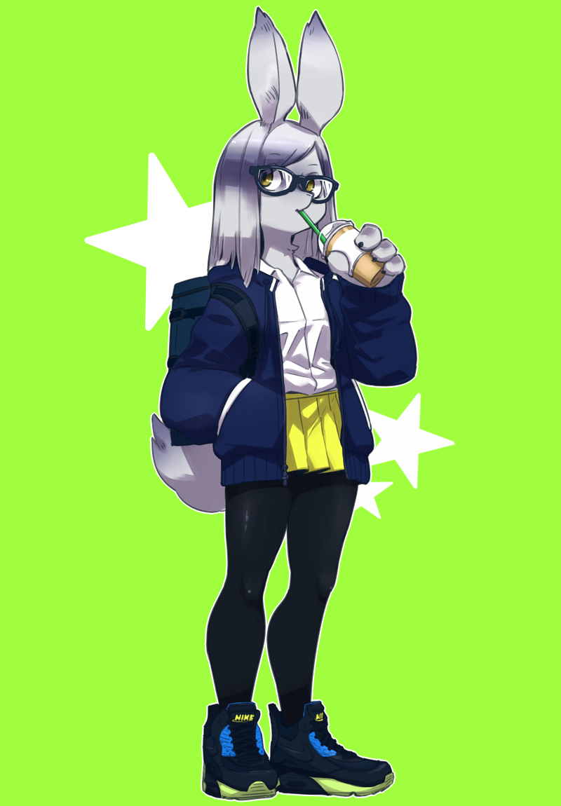 anthro bottomwear clothing drinking eyewear female footwear glasses kemono shoes simple_background skirt solo text text_on_clothing text_on_footwear text_on_shoes tomboy yellow_eyes yoji_gen nike lagomorph leporid mammal rabbit english_text pillarbox