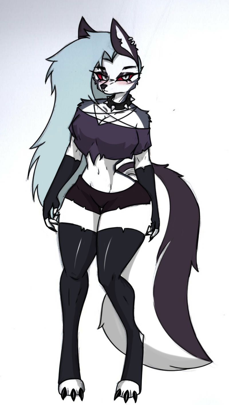 anthro big_breasts blush breasts female small_waist solo thick_thighs wide_hips pace-maker helluva_boss mythology loona_(helluva_boss) canid canid_demon canine demon hellhound mammal mythological_canine mythological_creature hi_res