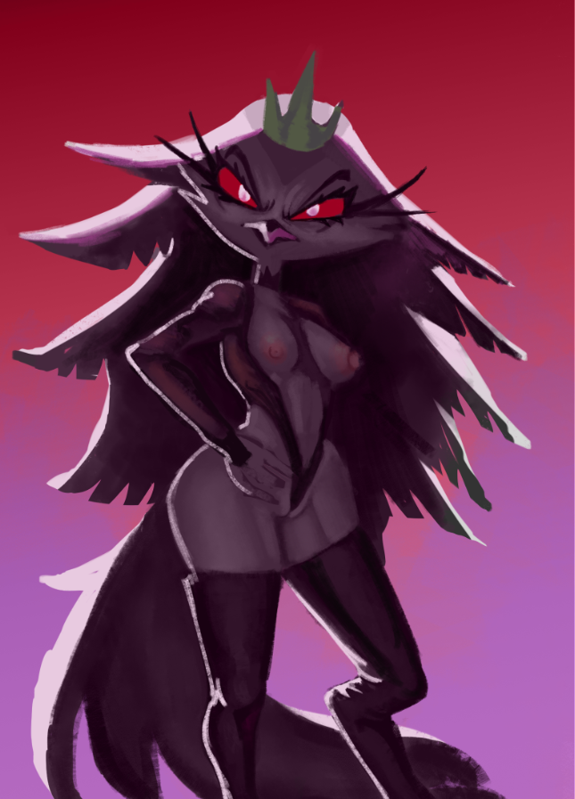 angry anthro backlighting beak breasts clothing crown exposed_breasts feathers female headgear legwear light red_eyes simple_background solo tail thick_thighs thigh_highs white_body korsia helluva_boss stella_(helluva_boss) anatid anseriform anserinae avian avian_demon bird demon swan lighting