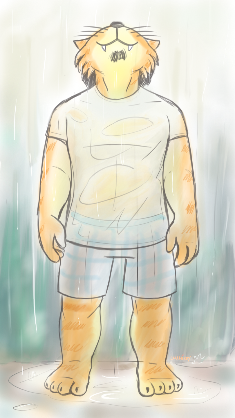 afternoon anthro barefoot biped clothed clothing facial_hair feet fur hair looking_up male orange_body orange_fur outside puddle raining shirt smile solo soul_patch stripes teeth topwear translucent wet wet_clothing wet_shirt wet_topwear alexyorim domestic_cat felid feline felis mammal tabby_cat 2016 9:16 digital_media_(artwork) hi_res sketchbook_(artwork)