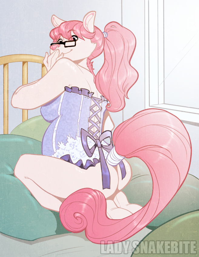 anthro bed belly big_belly butt clothing eyewear female fur furniture glasses hair lingerie looking_at_viewer on_bed pink_body pink_fur pink_hair ponytail pregnant pregnant_anthro pregnant_female solo tail lady_snakebite bellecandie