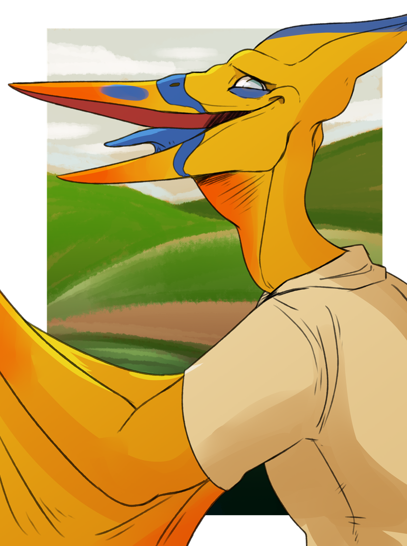 anthro beak blue_eyes blue_tongue clothed clothing looking_at_viewer male membrane_(anatomy) membranous_wings open_mouth outside shirt side_view solo t-shirt tan_clothing tan_shirt tan_t-shirt tan_topwear tongue topwear winged_arms wings yellow_beak yellow_body yellow_wings imperatorcaesar prehistoric_species reptile scalie alpha_channel bust_portrait portrait