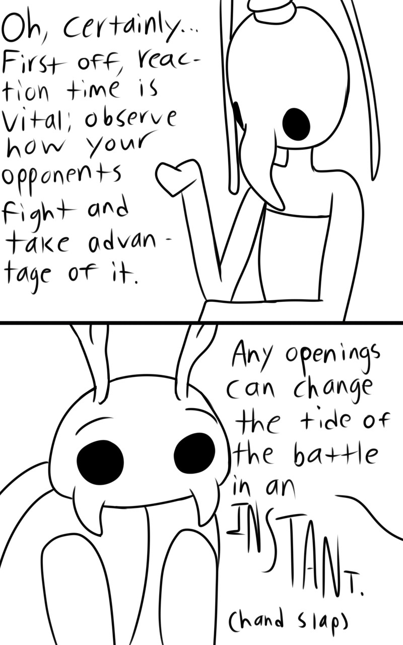 2_panel_comic antennae_(anatomy) biped black_eyes black_text dialogue duo ellipsis eyebrows female simple_background sound_effects standing talking_to_another text white_background skeletorskeletonized hollow_knight team_cherry bretta_(hollow_knight) iselda_(hollow_knight) arthropod beetle insect 2020 5:8 comic digital_media_(artwork) english_text hi_res