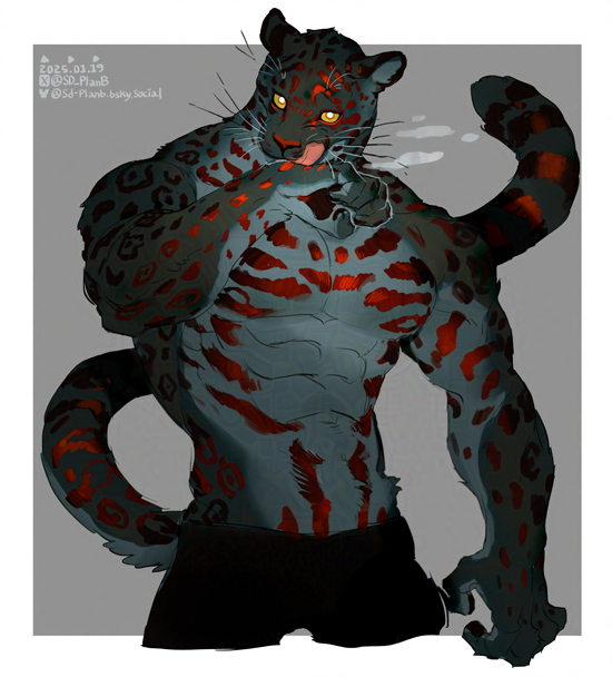 5_fingers anthro black_whiskers clothed clothing fingers male muscular muscular_anthro muscular_male pecs solo tail tongue tongue_out topless topless_anthro topless_male whiskers white_whiskers sd_planb felid mammal pantherine