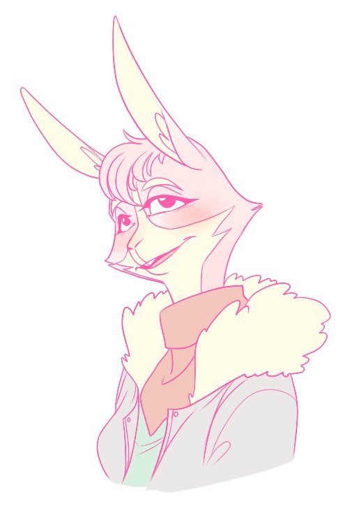 anthro buckteeth cheek_tuft clothing facial_tuft female fur hair head_tuft inner_ear_fluff jacket kerchief pink_body pink_fur pink_hair smile solo tan_body tan_fur teeth topwear tuft saffronic nintendo star_fox lucy_hare lagomorph leporid mammal rabbit