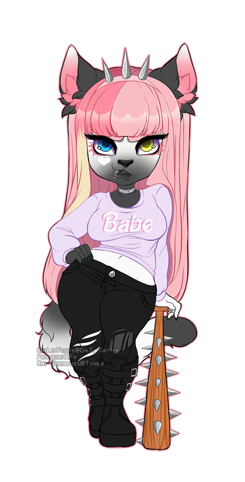 alternative_fashion anthro baseball_bat bat_(object) black_boots black_bottomwear black_clothing black_footwear black_pants boots bottomwear buckled_boots chibi choker clothed clothing female footwear goth heterochromia jewelry looking_at_viewer necklace pants pastel_goth pink_hairband platform_boots platform_footwear print_clothing print_shirt print_topwear purple_choker purple_clothing purple_jewelry purple_necklace purple_shirt purple_topwear shirt shoes solo spiked_bat spiked_hairband standing text text_on_choker text_on_clothing text_on_shirt text_on_topwear topwear torn_bottomwear torn_clothing torn_pants petitecat barbie_(doll) mattel felid mammal alpha_channel