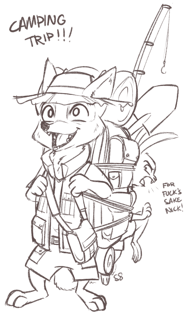 ambiguous_gender anthro backpack barefoot bound buckteeth cheek_tuft clothed clothing dialogue duo facial_tuft feet fishing_rod hat headgear headwear open_mouth open_smile shovel simple_background smile standing teeth text tools tuft white_background alec8ter conditional_dnp disney zootopia judy_hopps nick_wilde canid canine fox lagomorph leporid mammal rabbit red_fox true_fox brown_and_white english_text monochrome signature