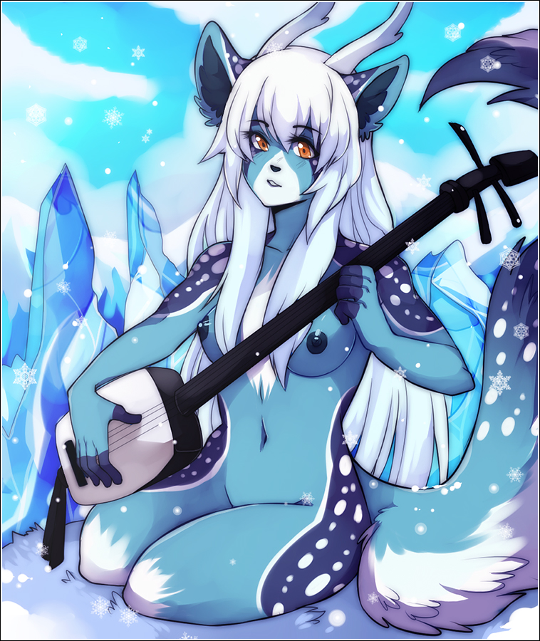 anthro antlers biped blue_body blue_fur breasts crystal female fur hair horn medium_breasts musical_instrument navel nipples nude orange_eyes outside playing_music plucked_string_instrument pose shamisen sitting sky snow snowing solo spots string_instrument white_hair yokozuwari ookami-kun deer mammal cool_colors