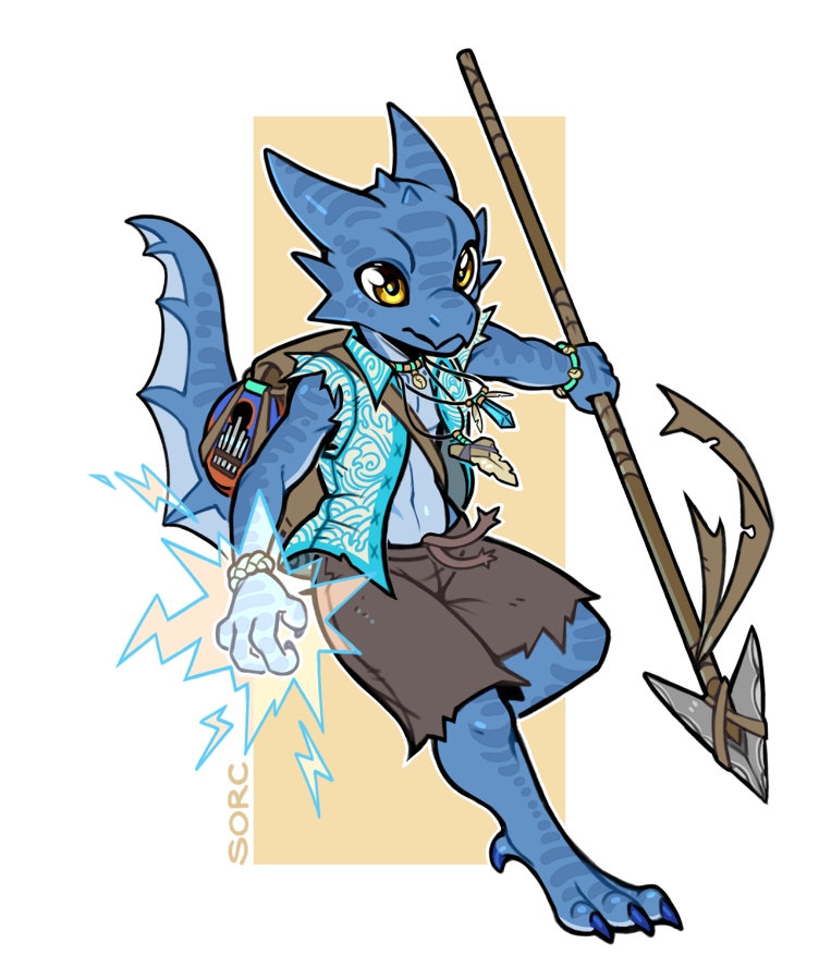 anthro bag blue_body clothed clothing jewelry magic_user male melee_weapon necklace polearm solo weapon sorc azzy_(skybluescales) amphibian aquatic_kobold kobold marine reptile scalie