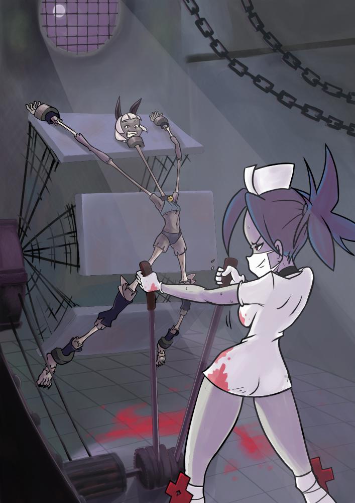 blood blood_on_clothing bodily_fluids breasts butt chain clothed clothing duo female gloves hair handwear hat headgear headwear humor inside leg_wraps lever night nurse nurse_clothing nurse_hat nurse_headwear ponytail pulling_lever restraints sadism smile smug stretching stretchy sweat torture torture_device torture_rack_(device) wheel wraps unknown_artist skullgirls nadia_fortune valentine_(skullgirls) animal_humanoid cat_humanoid felid felid_humanoid feline feline_humanoid human humanoid mammal mammal_humanoid 2012 digital_media_(artwork)