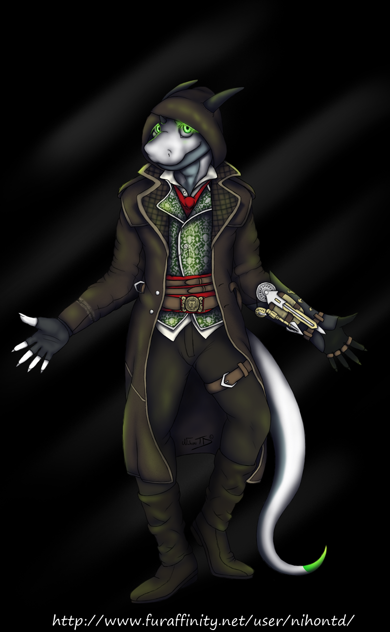 5_fingers anthro belt biped boots bottomwear claws clothed clothing coat fingerless_gloves fingers footwear front_view fully_clothed gloves glowing glowing_eyes green_eyes handwear hidden_blade horn looking_at_viewer male pants shirt shoes simple_background smile solo standing tail text topwear white_body white_skin nihonthedragon assassin's_creed mythology nihontd ubisoft tuky dragon mythological_creature mythological_scalie scalie digital_media_(artwork) hi_res url