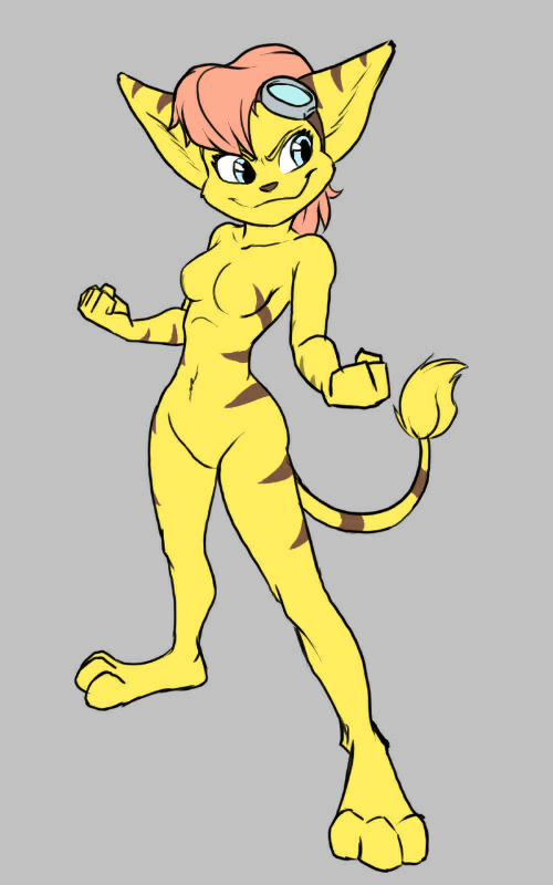 anthro blue_eyes breasts eyewear featureless_breasts female fur goggles hair nude pink_hair smile solo yellow_body yellow_fur black-kitten kly_(artist) ratchet_and_clank sony_corporation sony_interactive_entertainment amelia_(kly) fan_character felid lombax mammal 5:8