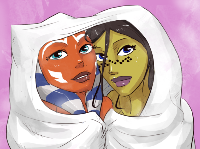 black_hair blue_eyes duo female green_body green_skin hair head_tails lekku_(anatomy) lips looking_at_viewer not_furry orange_body orange_skin purple_lips towel tourbillon star_wars ahsoka_tano barriss_offee alien alien_humanoid humanoid mirialan togruta