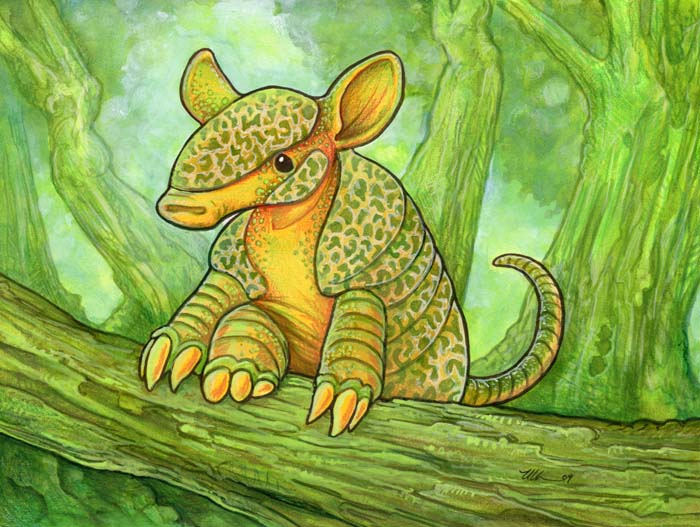 ambiguous_gender beady_eyes black_eyes cantaloupe claws feral food forest fruit green_body melon orange_body outside plant solo tree wood ursula_vernon armadillo food_creature hybrid mammal xenarthran 2009 story story_in_description