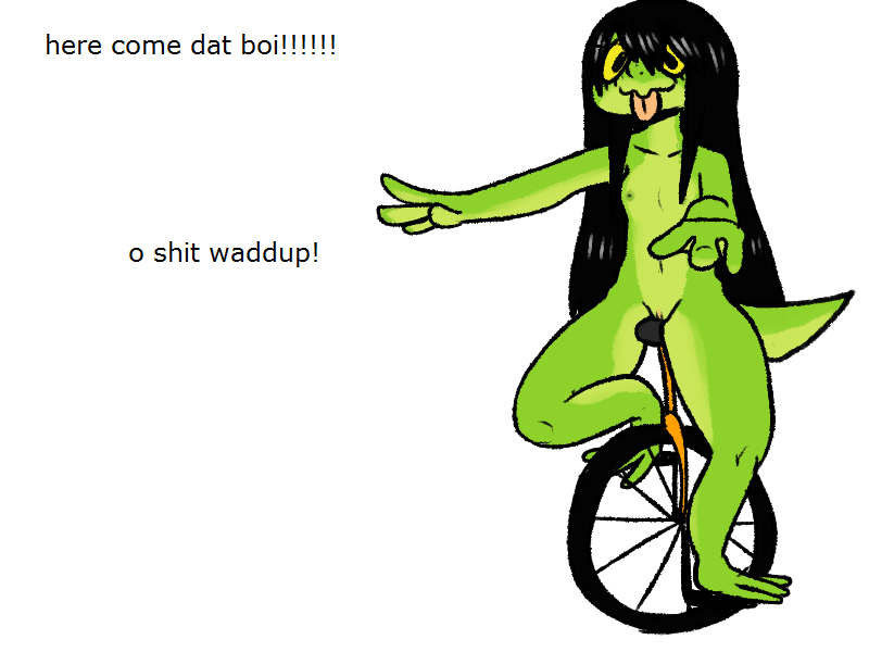 anthro black_hair breasts female genitals hair nipples non-mammal_breasts non-mammal_nipples profanity pussy simple_background small_breasts solo text thick_thighs unicycle vehicle white_background lumcube dat_boi lummy_(lumcube) amphibian frog 4:3 english_text meme