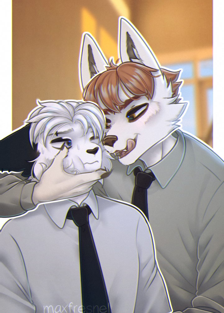 anthro blush clothing duo fur hair male male/male necktie school shirt tongue topwear university max_fresnel canid canine canis felid feline mammal wolf