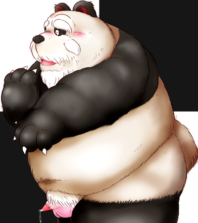 anthro belly black_body black_fur black_nose blush fur genitals kemono male overweight overweight_anthro overweight_male penis small_penis solo white_body white_fur norataro bear giant_panda mammal 2007 low_res