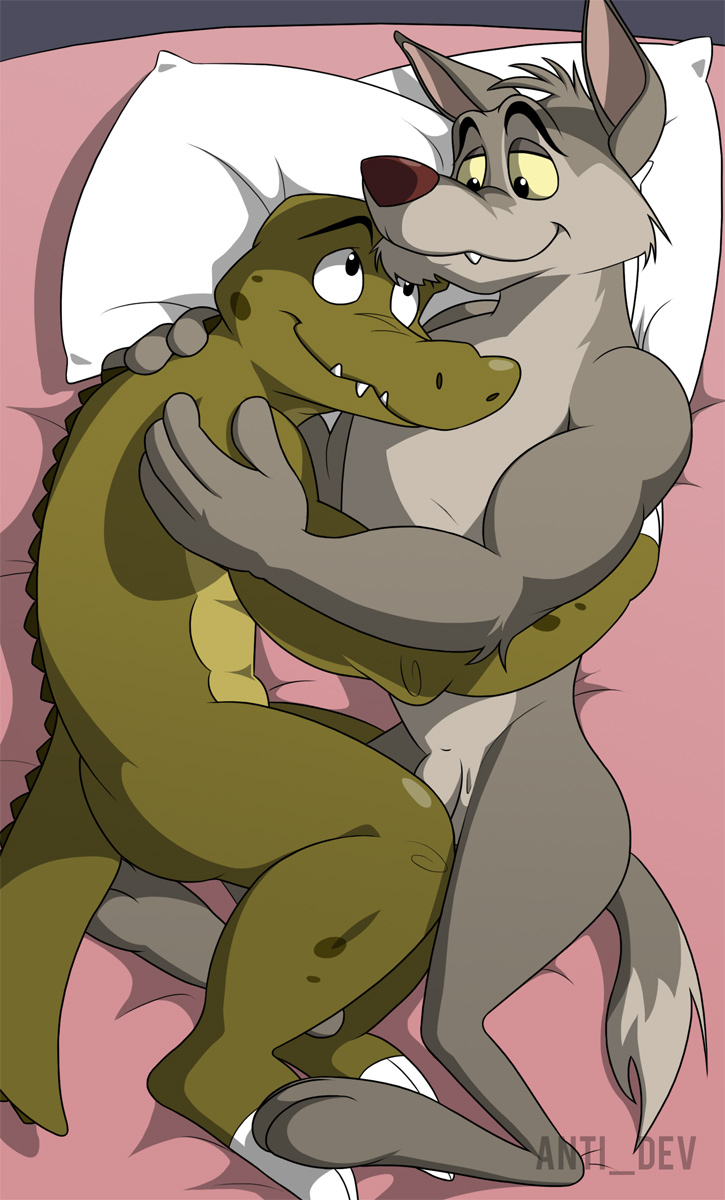 anthro bed biceps cuddling duo eye_contact flaccid fur furniture genitals green_body green_scales grey_body grey_fur grey_penis happy hug inside interspecies looking_at_another lying male male/male muscular nude on_bed on_side penis pillow predator/prey scales smile anti_dev crocpond rompa wink_(crocpond) canid canine canis crocodile crocodilian mammal reptile scalie wolf 2011 hi_res