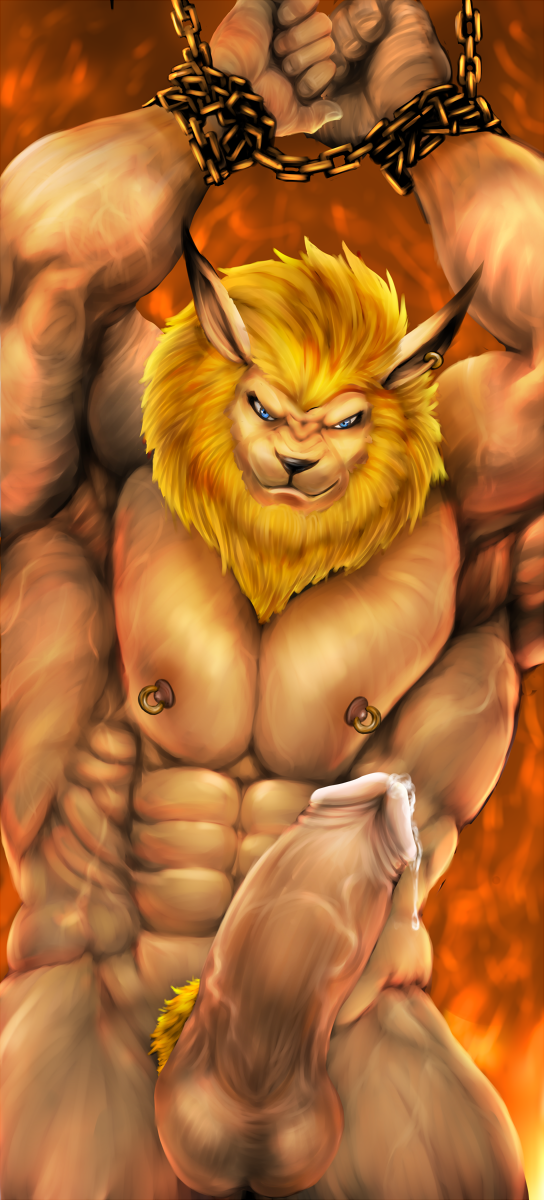 abs anthro balls bdsm bodily_fluids bound chain erection genital_fluids genitals male muscular muscular_anthro muscular_male nipple_piercing nipple_ring nipples nude pecs penis piercing precum ring_piercing solo dynafurryart bandai_namco digimon digimon_(species) felid leomon lion mammal pantherine hi_res