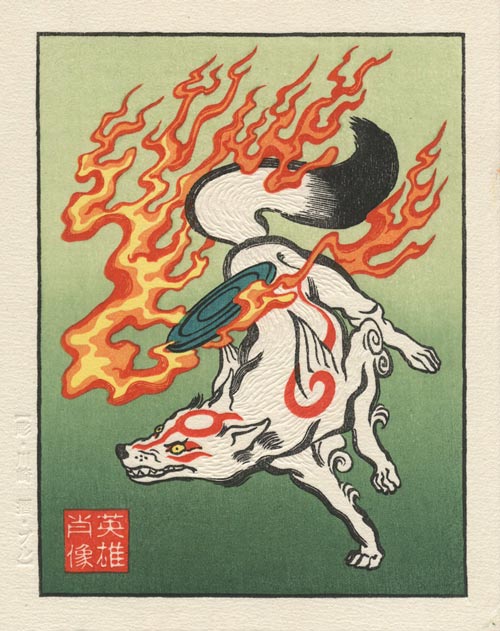 angry bared_teeth female feral fire fur japanese solo text ukiyo-e white_body white_fur thejedhenry capcom clover_studio okami_(capcom) amaterasu_(okami) canid canine canis deity mammal wolf japanese_text traditional_media_(artwork)