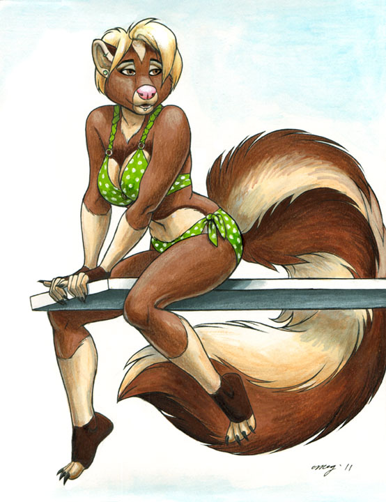 anthro bikini biped blonde_hair brown_eyes clothed clothing diving_board female hair jewelry piercing simple_background sitting skimpy solo swimwear tail two-piece_swimsuit megan_giles kappy_(character) mammal mephitid skunk 2011