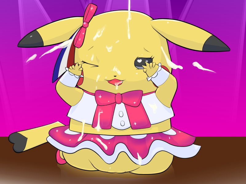 barely_visible_genitalia barely_visible_pussy bodily_fluids bukkake cleft_tail clothed clothing cosplay_pikachu_(costume) cum cum_covered cum_from_offscreen cum_on_face female genital_fluids genitals messy open_mouth pussy solo tail apc_(artist) nintendo pokemon cosplay_pikachu_(character) pikachu_pop_star generation_1_pokemon pikachu pokemon_(species) 4:3