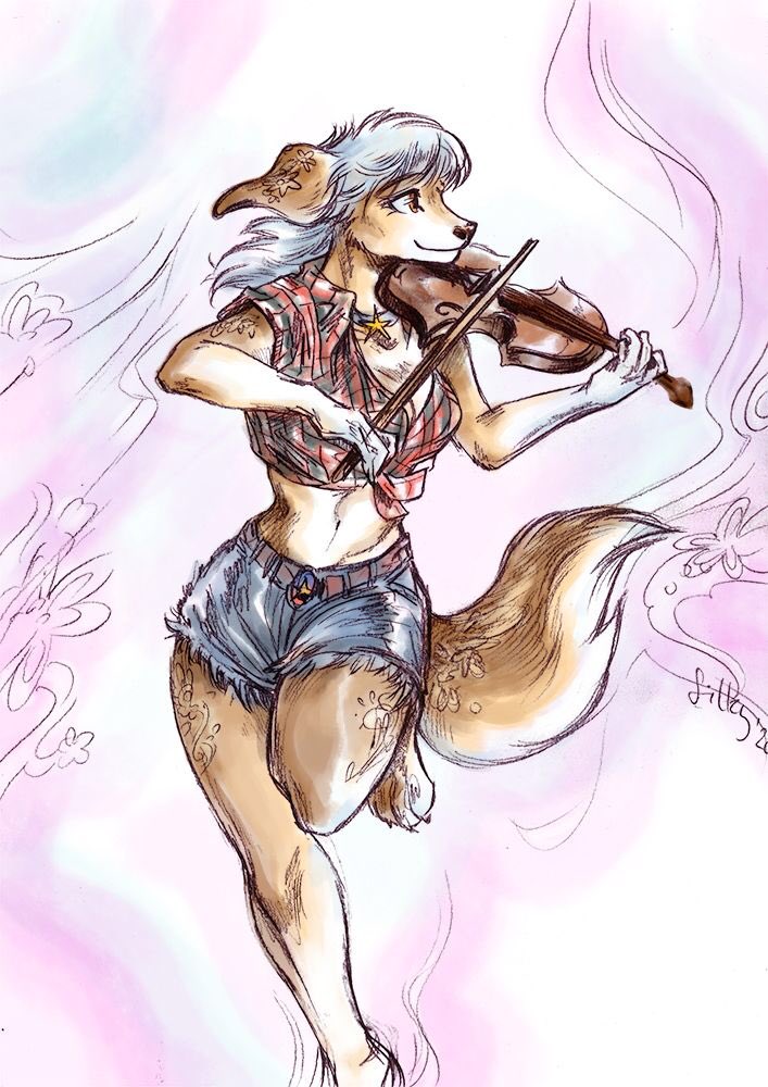 anthro bowed_string_instrument breasts cleavage clothed clothing female midriff musical_instrument solo string_instrument violin silkyfangs canid canine canis domestic_dog mammal