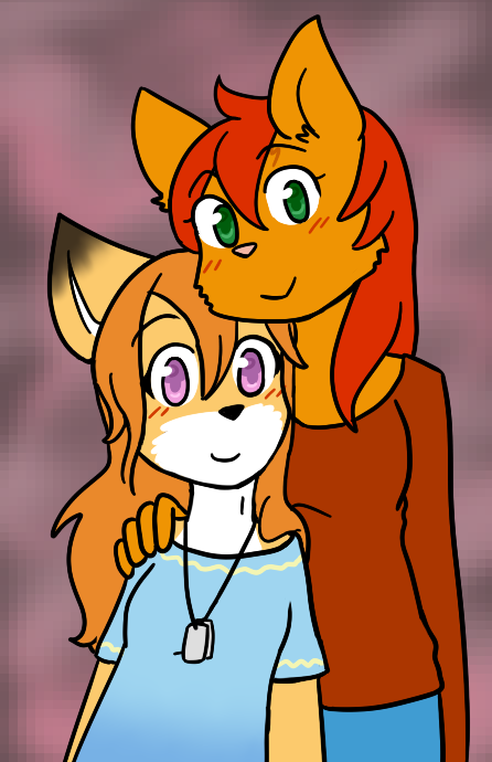 anthro black_nose blush clothed clothing dog_tags duo female fur green_eyes hair orange_body orange_fur orange_hair pink_nose purple_eyes red_hair fiona_(artist) fiona_flash sakura_(floofy) canid canine fox mammal 2016