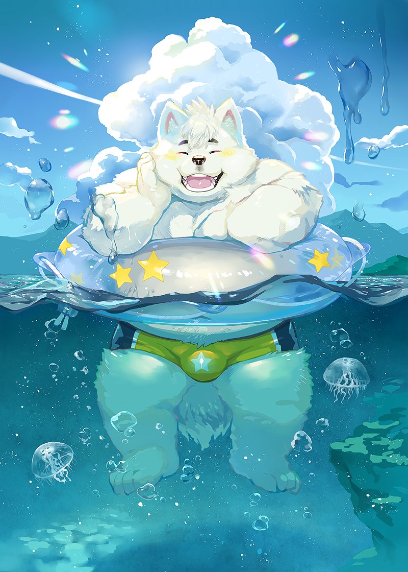 anthro belly black_nose blush bulge clothing eyes_closed fur male navel outside overweight overweight_male solo swimwear water white_body white_fur nekomarudon tanukimaru canid canine canis domestic_dog mammal nordic_sled_dog samoyed spitz 2021