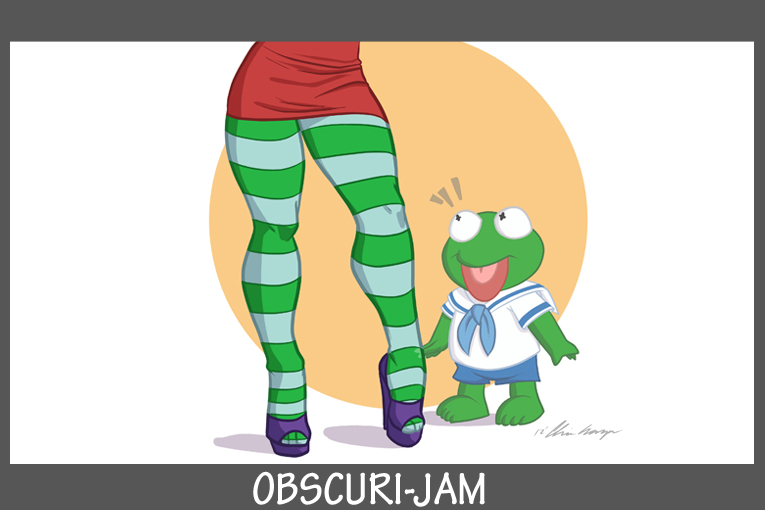 clothing dress duo female footwear high_heels human_focus legwear male not_furry_focus open_mouth pattern_clothing shoes stockings striped_clothing stripes surprise young thecosbinator muppet_babies muppets kermit_the_frog nanny_(muppet_babies) amphibian frog human mammal 3:2