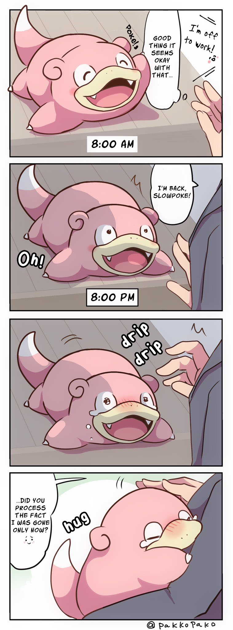 blush bodily_fluids crying dialogue duo feral gesture humor pink_body smile tears text waving pakkopako nintendo pokemon generation_1_pokemon human mammal pokemon_(species) slowpoke comic english_text hi_res