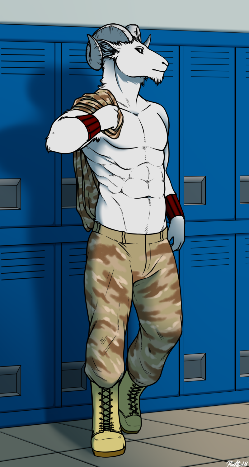 anthro clothed clothing half_naked horn locker_room looking_sideways male muscular muscular_anthro muscular_male solo topless conditional_dnp ratte realm_of_earth_defence_force white_oyster terry_galatas bovid caprine goat mammal digital_media_(artwork) hi_res