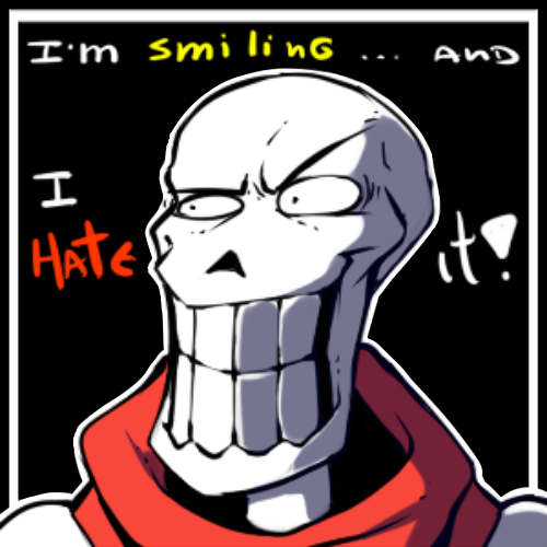 annoyed anterior_nasal_aperture bald black_background black_border black_outline bone border caption clenched_teeth clothing eyebrows fabric looking_aside looking_away male not_furry outline raised_eyebrow red_scarf scarf shadow simple_background simple_eyes skeleton smile solo teeth text toothy_grin white_body white_border white_outline angelo-xd undertale undertale_(series) papyrus_(undertale) animated_skeleton humanoid undead 1:1 bust_portrait english_text low_res portrait reaction_image