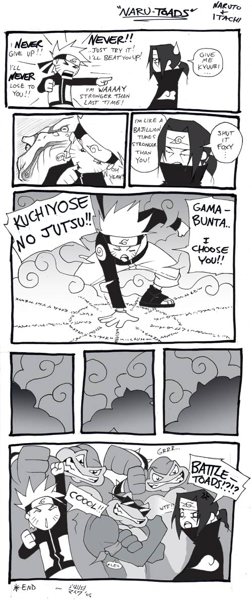 anthro blood bodily_fluids dialogue eyewear male muscular muscular_male summoning sunglasses text vashperado battletoads naruto rareware itachi_uchiha naruto_uzumaki pimple_(battletoads) rash_(battletoads) sasuke_uchiha zitz_(battletoads) amphibian frog human mammal toad_(frog) comic crossover english_text greyscale monochrome