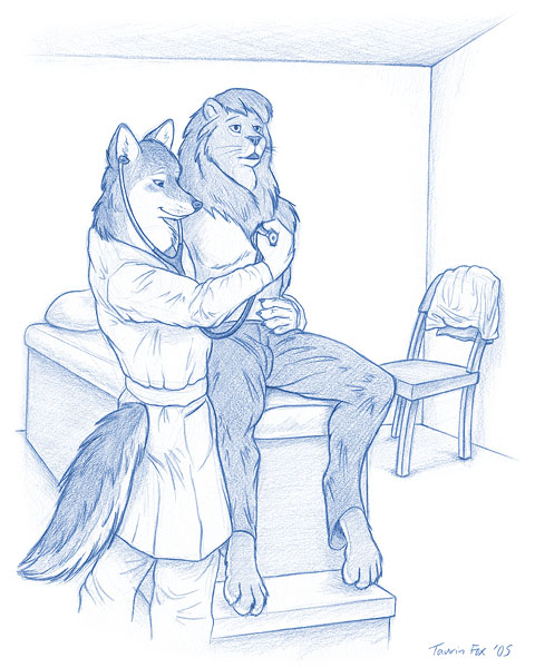 anthro barefoot bottomwear chair clothed clothing clothing_over_chair doctor doctor's_office duo exam_table examination feet fur furniture hair holding_stethoscope inside mane mane_hair medical medical_examination medical_instrument on_table pants patient paws pillow scientific_instrument sitting smile stethoscope table topless taurin_fox canid canine canis felid lion mammal pantherine wolf 2005 4:5 blue_and_white monochrome