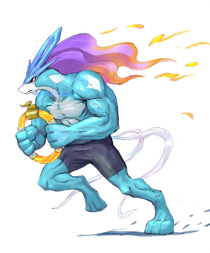 2_tails anthro anthrofied blue_body blue_fur fur hair long_hair male multi_tail multicolored_body multicolored_fur muscular muscular_anthro muscular_male purple_hair red_eyes solo tail two_tone_body two_tone_fur white_body white_fur susano_o_nanami nintendo pokemon ring_fit_adventure generation_2_pokemon legendary_pokemon pokemon_(species) suicune 2024 5:6 adversarial_noise colored