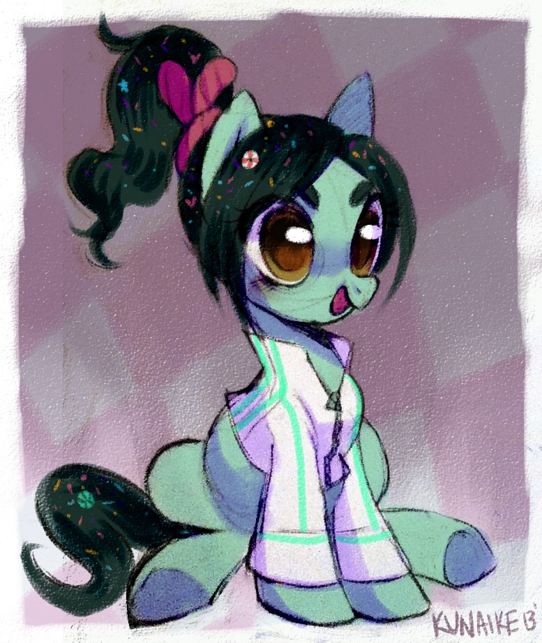 alternate_species black_hair clothing female feral hair open_mouth orange_eyes ponification quadruped shirt solo tail topwear kunaike sharpasakunaike disney hasbro my_little_pony wreck-it_ralph vanellope_von_schweetz equid equine horse mammal pony crossover