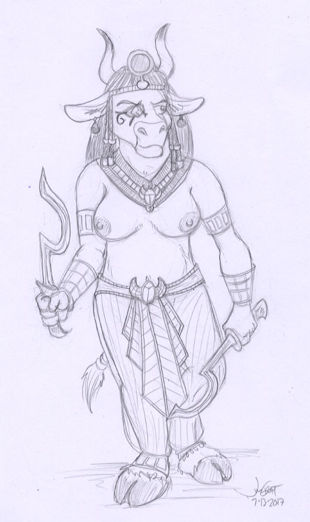 anthro armor bottomwear breasts clothed clothing collar dual_wielding egyptian female front_view headdress holding_melee_weapon holding_object holding_sword holding_weapon khopesh melee_weapon navel nipples pants solo sword tail tail_tuft topless tuft vambrace weapon rabbi-tom bovid bovine cattle mammal 2017 monochrome