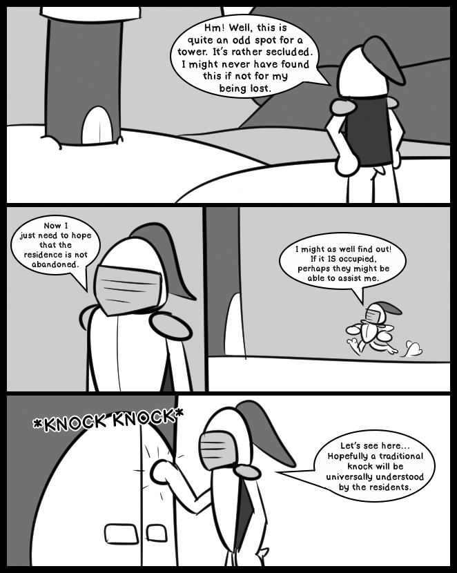 2_toes anthro armor biped bottomless butt clothed clothing detailed_background feet headgear helmet knight male mountain pauldron running sound_effects tail talking_to_self text toes tower warrior ultilix caspar_the_frog amphibian frog 2017 comic digital_media_(artwork) english_text monochrome