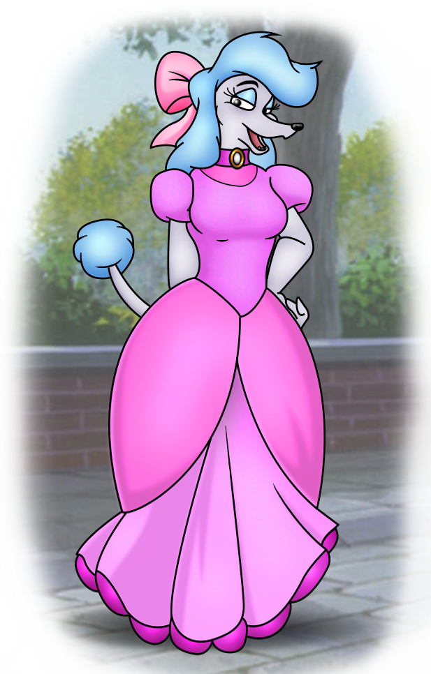 anthro anthrofied black_nose blue_hair breasts clothing dress fangs female fur hair open_mouth open_smile smile solo teeth tongue white_body white_fur folwilliar disney oliver_and_company georgette_(disney) canid canine canis domestic_dog mammal poodle 2024