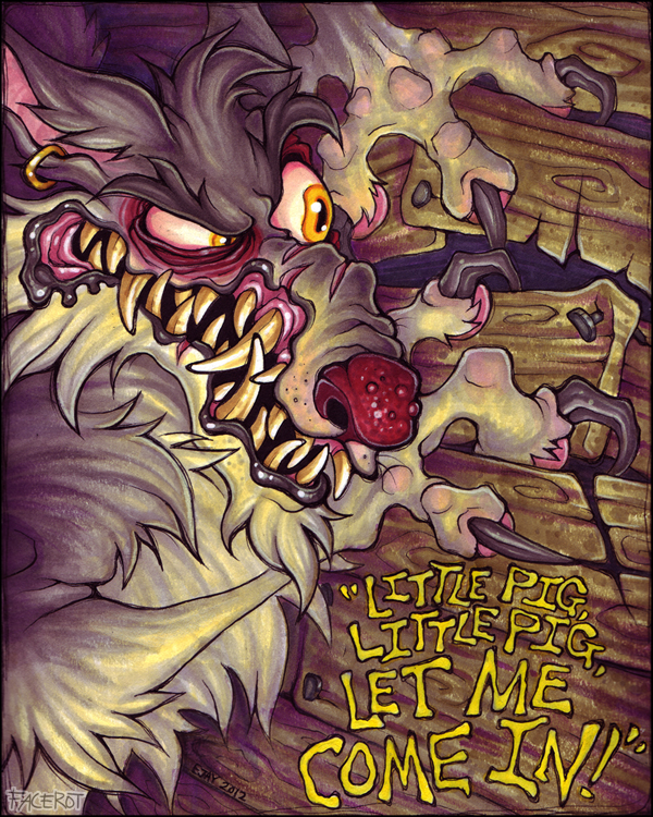 anthro dialogue fangs fur male red_nose solo teeth text facerot fairy_tales the_three_little_pigs big_bad_wolf canid canine canis mammal wolf 2012 4:5 english_text traditional_media_(artwork)