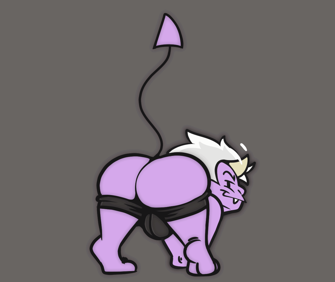 all_fours balls_outline big_bulge big_butt black_bottomwear black_clothing black_shorts bottomwear bottomwear_down bulge bulge_from_behind butt butt_cleavage clothed clothing detailed_bulge devious_grin genital_outline grey_background grin grinning_at_viewer hair hip_sway horn looking_at_viewer looking_back male motion_lines multicolored_hair not_furry partially_clothed pose presenting presenting_hindquarters purple_body purple_hair rear_view seductive sharp_fangs sharp_teeth short_stack shorts shorts_down simple_background slightly_chubby slightly_chubby_male smile solo spade_tail tail tail_wiggle teapot_(body_type) teeth two_tone_hair white_hair fatzoimp ico_(fatzoimp) demon demon_humanoid humanoid imp 2d_animation animated frame_by_frame short_playtime