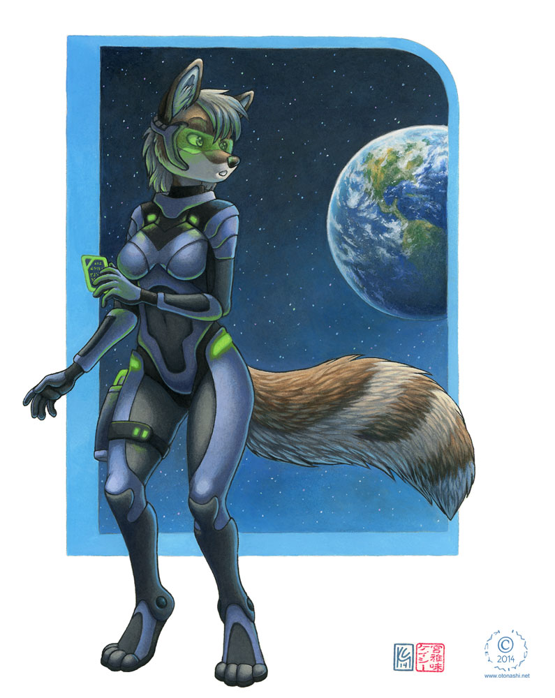 anthro armor breasts card clothed clothing datapad digitigrade earth electronics eyewear female futuristic gun microphone orbit planet ranged_weapon science_fiction skinsuit solo space star tail tight_clothing visor weapon kacey canid canine fox mammal 2014