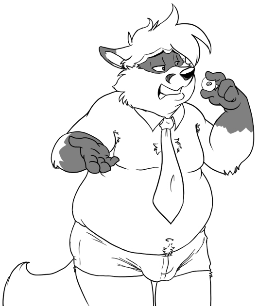 4_fingers anthro belly boxers_(clothing) bulge clothing fingers food humanoid_hands male mascot moobs navel necktie overweight overweight_male solo underwear bravo furaffinity fender mammal procyonid raccoon 2011 monochrome