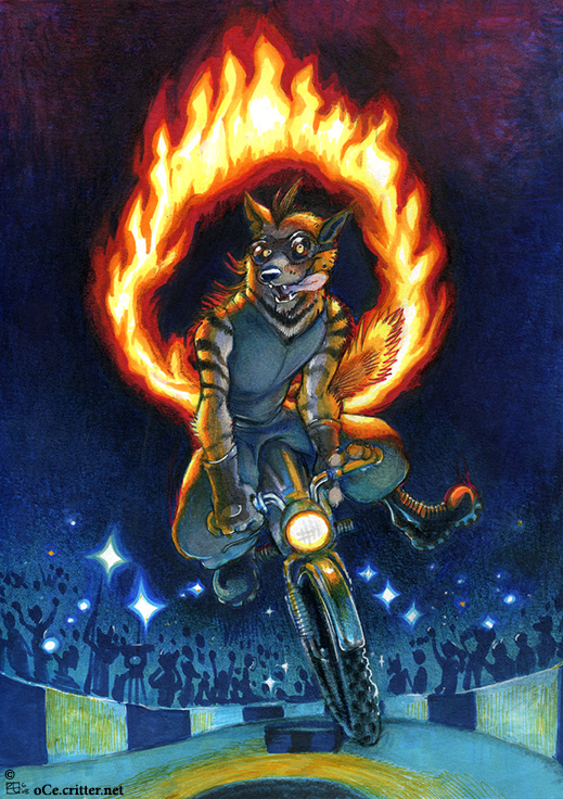 anthro audience circle crazed crowd dirt_bike eyewear fire goggles group halo holding_fixture hoop male motorcycle performance solo_focus tail vehicle amara_telgemeier daredevil hyena mammal striped_hyena