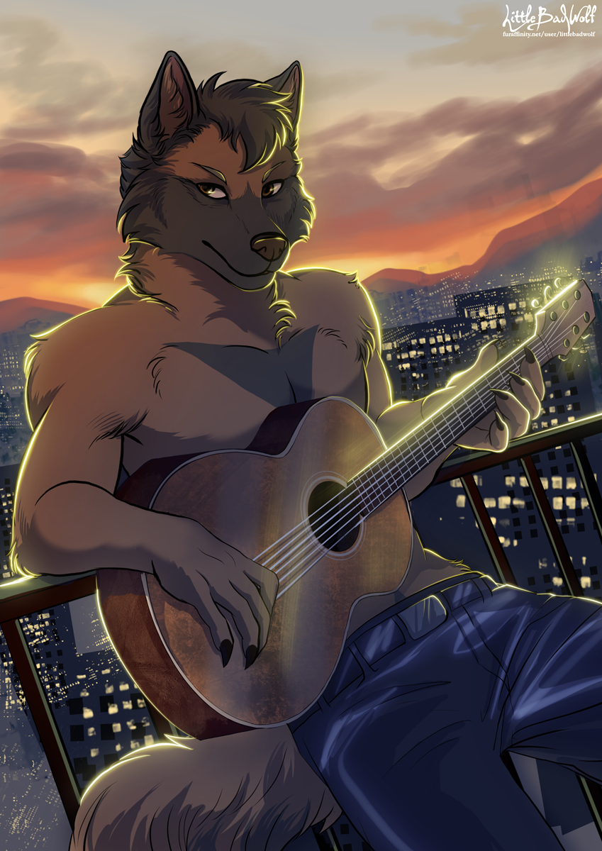 5_fingers acoustic_guitar anthro belt black_bottomwear black_clothing black_pants bottomwear brown_body brown_fur brown_hair brown_nose building city cityscape claws clothing cloud dusk fingers fluffy fluffy_tail front_view fur guard_rail guitar guitarist hair holding_guitar holding_musical_instrument holding_object leaning_on_railing light looking_at_viewer male mountain musical_instrument orange_sky pants playing_guitar playing_music plucked_string_instrument railing rooftop shirtless sky skyscraper slim_male smile solo string_instrument sunlight tail text biggoodwolf ricricochet canid canine canis mammal wolf hi_res signature url